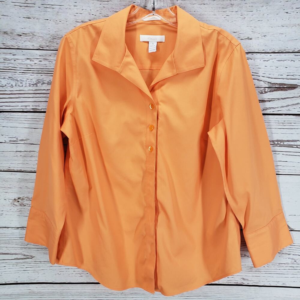 Chico's Women's Orange Non-Iron 100%Cotton Long Sleeve Top Size 1